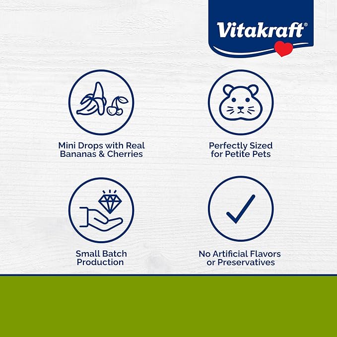 Vitakraft Mini Drops Cherry Banana Treats for Hamsters Rats Mice and Small Pets - Wholesome Small Animal Snacks with Real Fruit Flavor and Nutrient-Rich Goodness - 2.5 Ounce Pack
