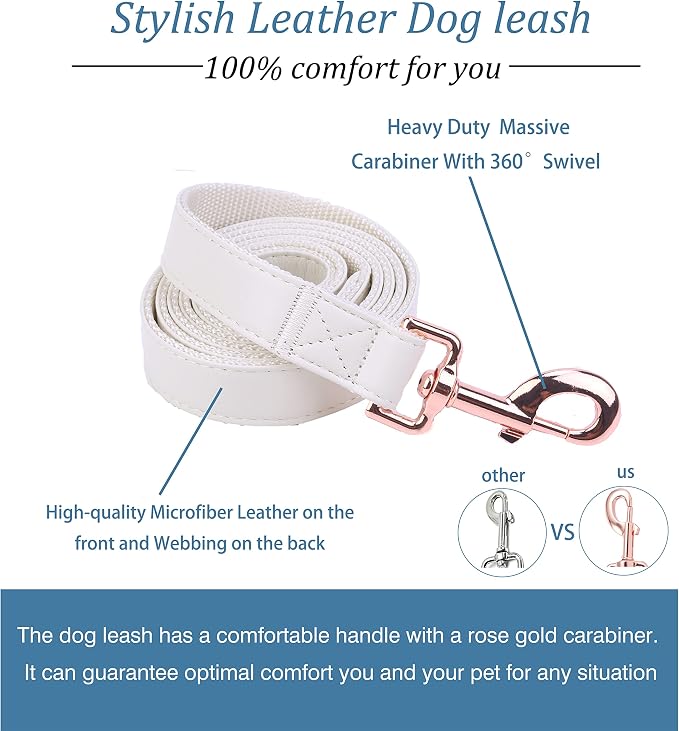 Dog Collar and Leash Set.Soft and Easy to Clean Vegan Leather with Rose Gold Metal Buckle for Small Medium Large Dogs (Off-White, S(12.2"-16.9"))