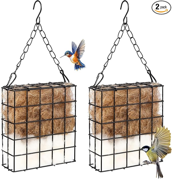 2Pcs Hummingbird Nesting Material Cage Holder with Natural Mixing Cotton Materia，Refillable Hummingbird Nesting Material Cage Holder for Bird Lover Hummingbird House Material