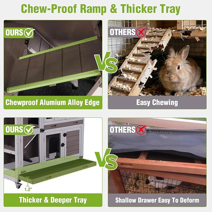GUTINNEEN Rabbit Hutch Mobile Bunny Cage with Large Wheels, Chewproof Ramp, Leak Proof Trays – Ideal Cage for Rabbits, Guinea Pigs, Indoor/Outdoor Use, 44" L x 20" W x 41.5" H