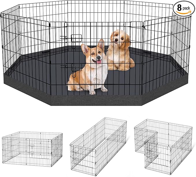 Dog Pen Pet Playpen Dog Fence Indoor Foldable Metal Wire Exercise Puppy Play Yard Pet Enclosure Indoor Outdoor 8 Panels 24 Inch with Bottom Pad/Top Cover (Black with Bottom pad)