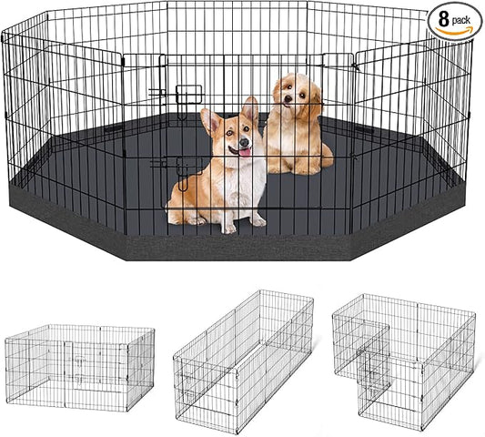 Dog Pen Pet Playpen Dog Fence Indoor Foldable Metal Wire Exercise Puppy Play Yard Pet Enclosure Indoor Outdoor 8 Panels 24 Inch with Bottom Pad/Top Cover (Black with Bottom pad)