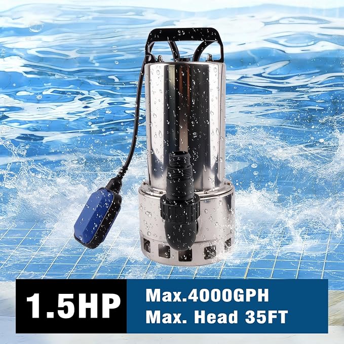 1.5HP 4000GPH Sump Pump, Submersible Water Pump with Float Switch