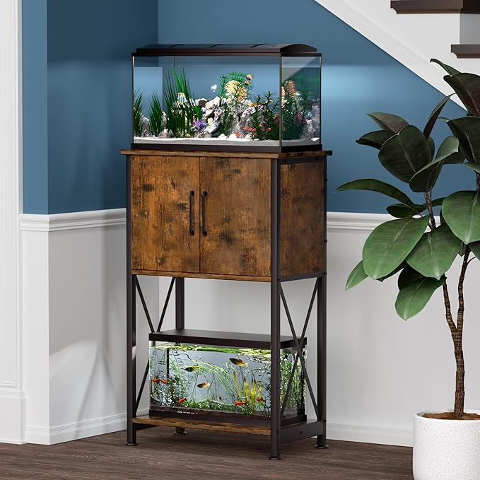 Herture 5-10 Gallon Fish Tank Stand, Metal Double Aquarium Stand with Cabinet for Fish Tank Accessories Storage, Heavy Duty 20.5" L* 11.02" W Tabletop, 500LBS Capacity Rustic Brown and Black PG06YGN