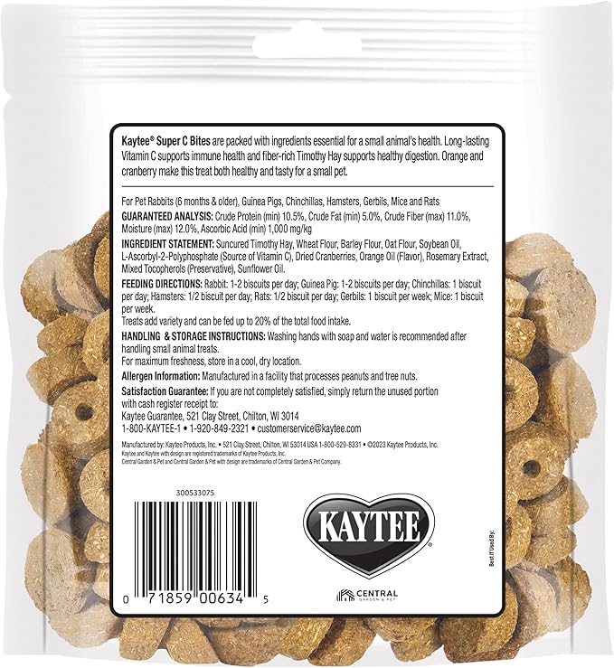 Kaytee Super C Bites Treat for Pet Guinea Pigs, Adult Rabbits, Chinchillas, and Other Small Animals, Cranberry and Orange, 4 oz (Pack of 2)