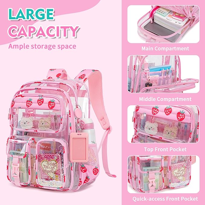 Clear Backpack for School,Transparent Backpack Stadium Events,Heavy Duty Clear Bookbag for Girls,Boys,Work,Sport Pink Strawberry