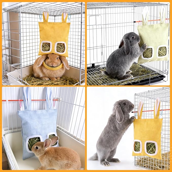 2 Pack Rabbit Guinea Pig Hay Feeder, Cute Bunny Hay Bag, Hanging Hay Holder for Guinea Pig Cage, Hay Feeder for Rabbits Chinchillas Hamsters Small Pets and Animals (Yellow & Green)