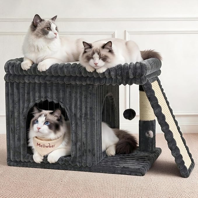 Cat Tree Tower Bed with Scratching Post for Indoor, Heavy Duty Small Stand House Condo for Large Cats & Kittens, Modern Sturdy Platform Perch Hideout Climb Rest Area, Dark Gray Striped Fabric