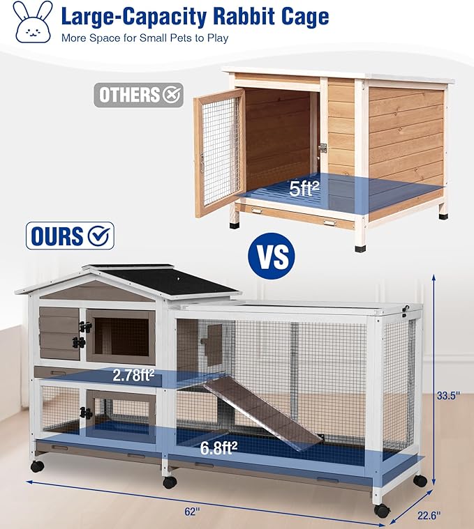 Large Rabbit Hutch Indoor, Bunny Cage Outdoor with Chew-Proof Ramp, 2-Story Guinea Pig Cages with 6 Wheels, 3 Pull-Out Trays, Waterproof Asphalt Roof, 62" L - Brown