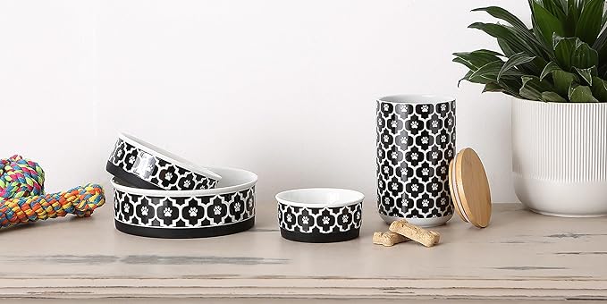Bone Dry Lattice Collection Pet Bowl & Canister, Small Set, 4.25x2", Black, 2 Piece