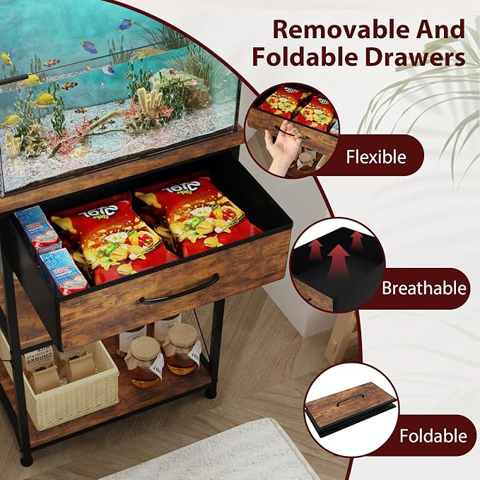 5-10 Gallon Fish Tank Stand with Adjustable Height and Drawer, Brown | Heavy duty metal frame holds up to 220 pounds with a lower shelf for a second aquarium, turtle tank or reptile terrarium