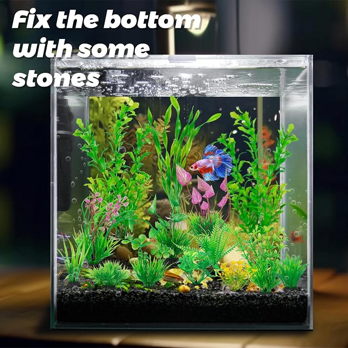 Ameliade 14 PCS Soft Plastic Aquarium Plants Green Fish Tank Decor Set | Aquarium Decorations and Accessories, Small Fish Bowl Artificial Safe Ornaments for Betta Goldfish and Turtle