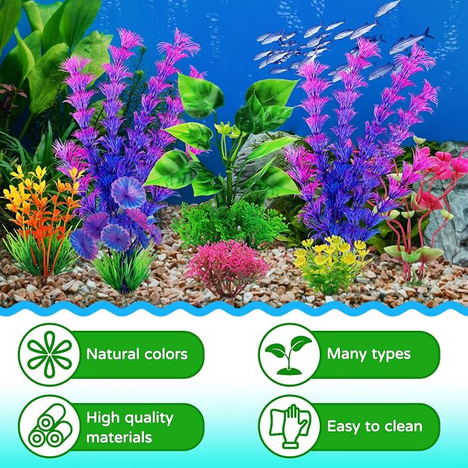 QUOZUO Fish Tank Decor Aquarium Decor, 9pcs Colorful Fish Tank Accessories Artificial Plants and Cave Rock Decor Set, Aquarium Decorations Plastic Plants