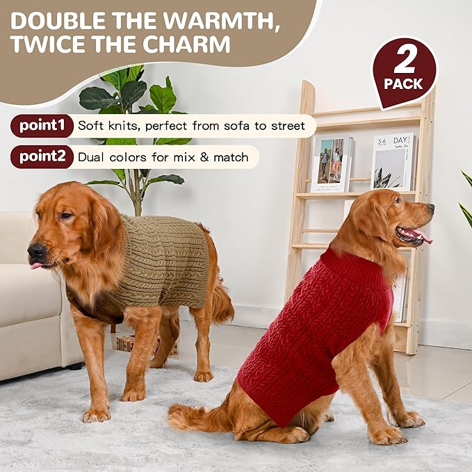 2 Pack Dog Sweaters for Large Dogs Winter Turtleneck Pullover Cable Knit Fleece Stretch Pitbull Labrador Golden Retriever Doberman Bulldog Boy Girl Pet Clothes (XL, Red & Brown)