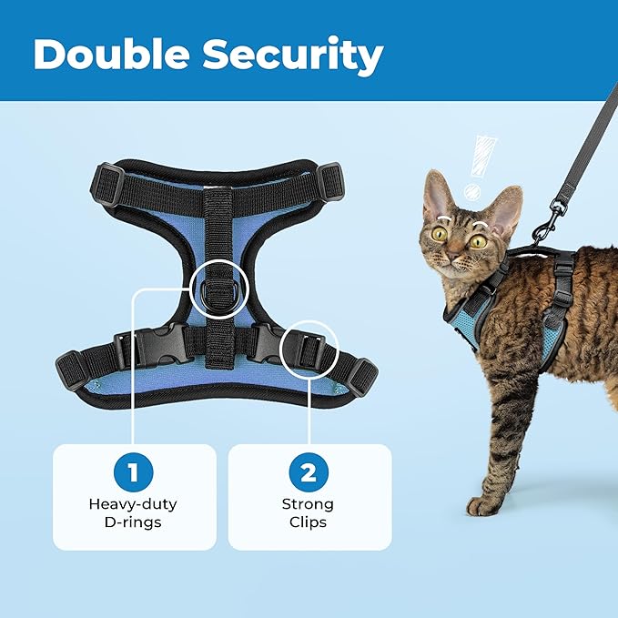 Voyager Escape-Proof Step-in Lock Cat Harness & 5ft Neoprene-Handle Leash Set All-Weather Mesh with Reflective Stitching for Small to Large Cats by Best Pet Supplies, Black Trim-Baby Blue (327), S
