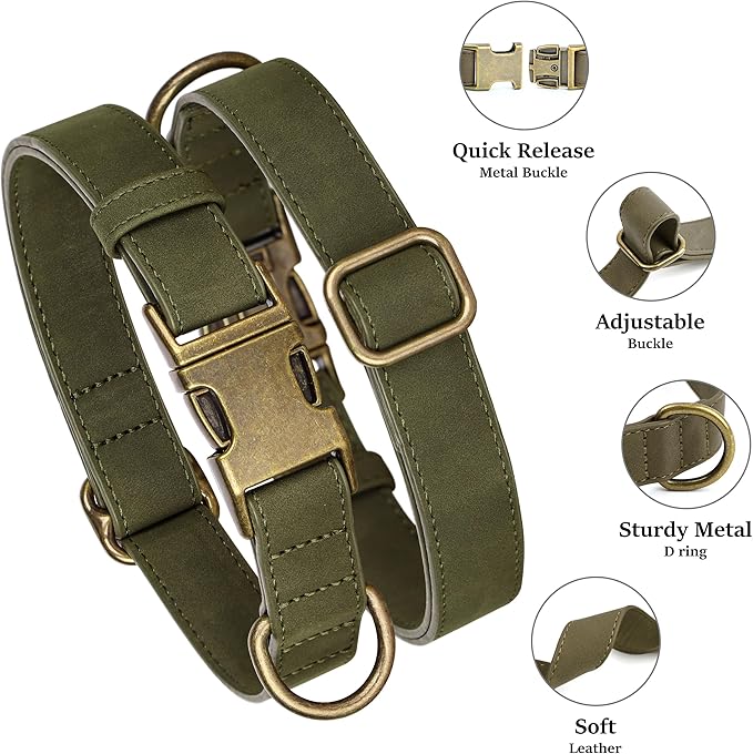 Didog Soft PU Leather Dog Collar, Stylish Quick Released Dog Collar for Large Dogs, Easy Clean Adjustable Pet Collar for Daily Walking, Dark Green, L Fit 16-22" Neck