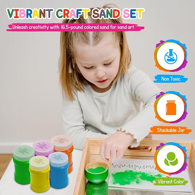 16.5 Lb (12 Pack) Colored Sand for Crafts, 22 oz Each,12 Sand Art Colors Non-Toxic Craft Sand Colored with Storage Container, Non Toxic Spring Summer Teachers Classroom Supplies Tool Sands for Kids