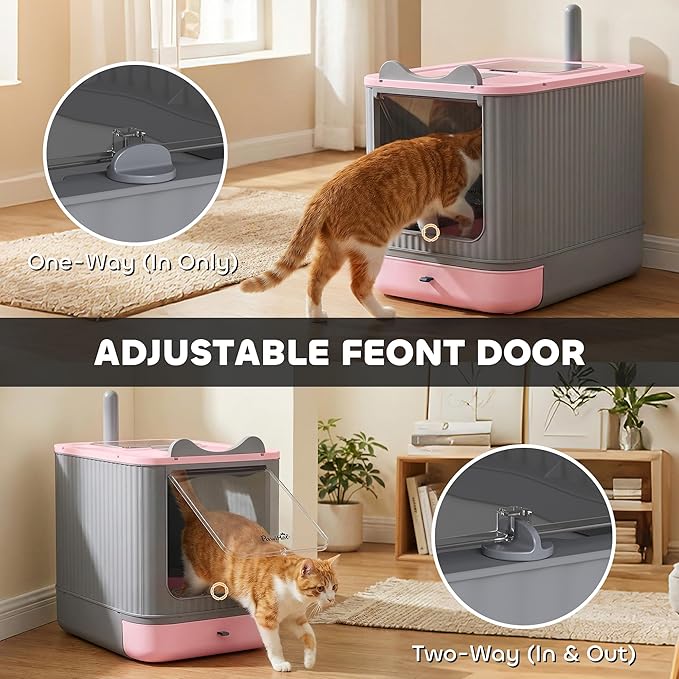 PawHut Cat Litter Box with Lid, Enclosed Litter Box for Medium Cats, Front-Entry and Top-Exit, Scoop, Deodorizer Bag, Easy Clean & Non-Sticky, Anti-Leakage, Pink