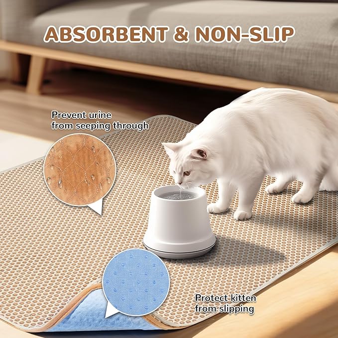 BurgeonNest Cat Litter Mat 47"x35", Machine Washable Leak-Proof & Urine-Resistant Cat Mat, Soft Felt Fabric for Fewer Creases, Non-Slip Double Layer Design for 3-4 Litter Boxes, Khaki