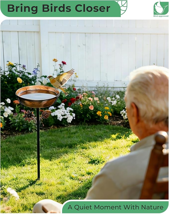Metal Bird Bath for Outside, 3" Deep 12" Dia Removable Bowl, 36" H Garden Bird Bath | Stable 5-Prong Stake, Rust-Resistant, Easy Clean Outdoor Birdbath for Yard Lawn Patio