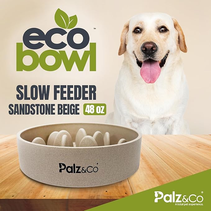 Palz&Co EcoBowl Slow Feeder for Dogs & Cats, 48 oz Beige - Natural Bamboo Puzzle Pet Bowl with Non-Slip Base for Slower Eating & Better Digestion, Dishwasher Safe