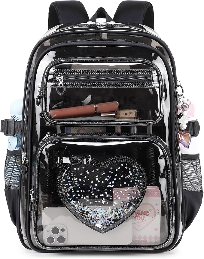 Clear Backpack for School Girls, Cute Heavy Duty PVC Transparent Bookbag, See-Through Bag for Stadium Event Semi-Black
