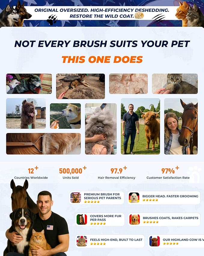 Over-Sized 2-Sided Dog Brush For Shedding Undercoat Rake for Dogs & Cats & Horses, Remove Mats, Dematting Comb,Gentle Grooming Brush for German Shepherds Medium to Long-Haired Pets(African Padauk)
