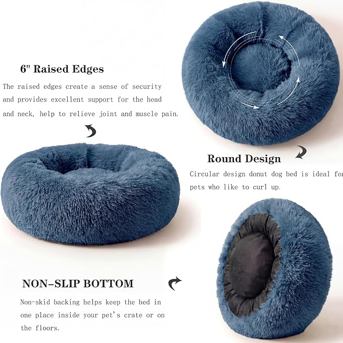 Calming Donut Dogs Beds for Small Dogs Washable,23inch Plush Round Pet Bed for Cozy Sleep,Fluffy Faux Fur Large Cat Bed,Fits up to 25 lbs Pets,Navy Blue