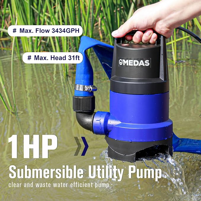 MEDAS 1HP 3434 GPH Sump Pump Submersible Clean/Dirty Water Pump Portable Utility Pump with 16.4ft Cord for Swimming Pool Garden Basement Tub Pond Draining