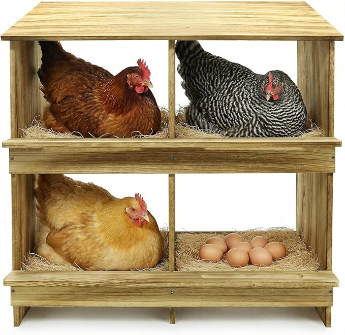 Wooden 4 Holes Chicken Nesting Boxes for Laying Eggs, Gold Standard Two-Tier Nest Box for Chickens, Farmhouse Series Laying Boxes for Hens, Ducks and Birds