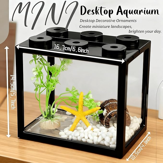 Small Betta Fish Tank, Stackable Mini Fish Tank Tiny Aquarium Kit with Aquarium Gravel & Resin Decorations, 0.6 Gallon Cube Desktop Fishbowl for Snails, Crabs, Starfish (Black)