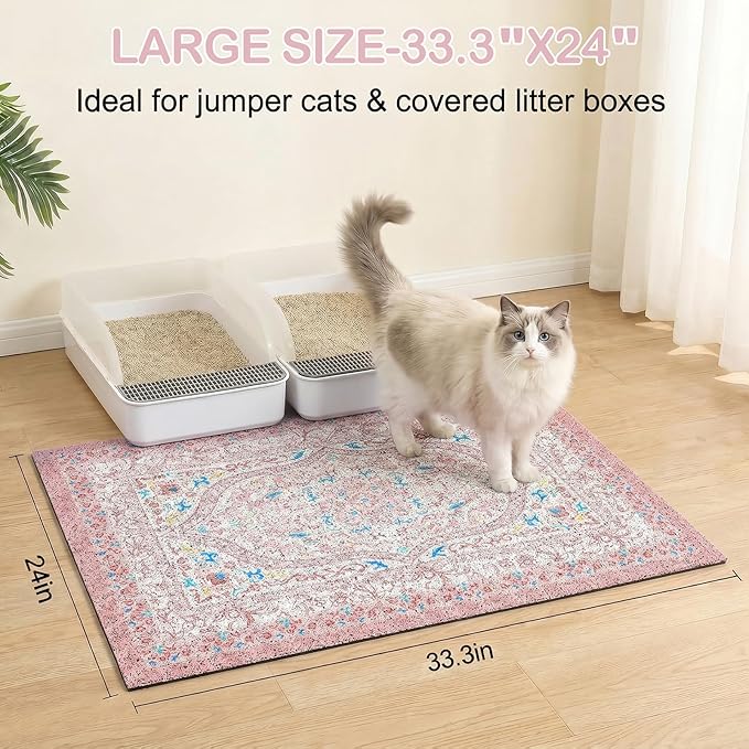 Glittme Cat Litter Mat with Non-Slip Bottom Litter Box Mat 33"X22" Litter Trapping Mat Easy to Clean Washable Cat Food Mat for Kitty,L