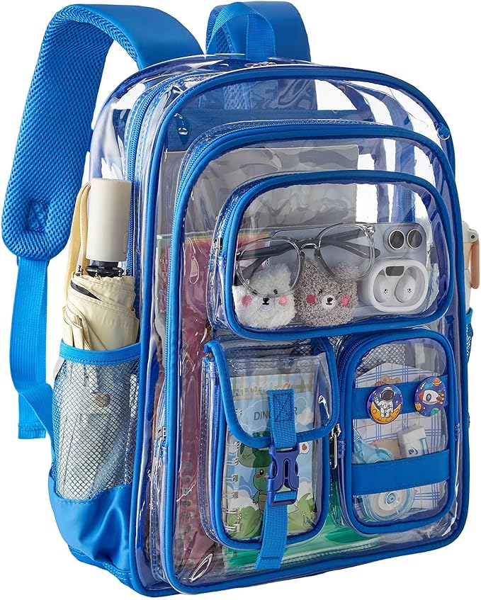 Clear Bookbag with Chest Strap, 17" Heavy Duty See Through Backpack with Anti-theft Hook & S-shaped Shouler Straps, Large Clear Bags for Work Sport School Travel