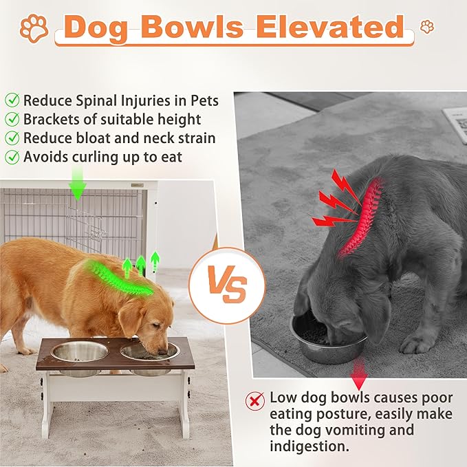 Piskyet Elevated Dog Bowls,Farmhouse Dog Bowls Stand, Raised Dog Bowl with 2 Stainless Steel Wooden Dog Bowl 12 Cups 15.7''H 90 OZ Bowl-Farmhouse Style