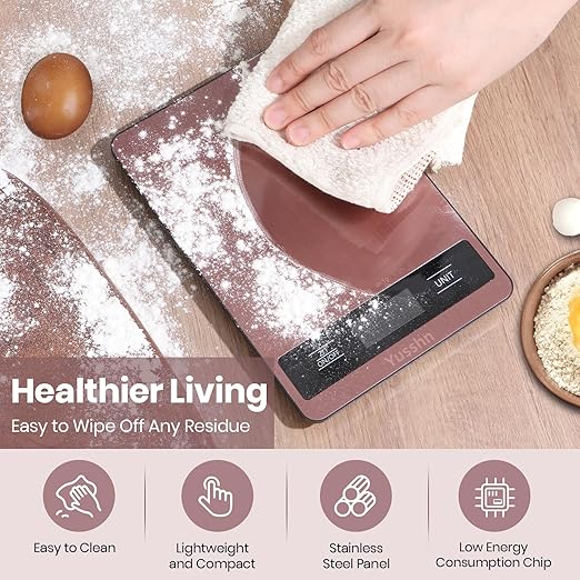 Yusshn Digital Kitchen Scale - Precision Food Scale for Cooking & Baking (1g/0.05oz Accuracy) - Waterproof Stainless Steel with LCD Display, Batteries Included - Weight in Grams & oz (Rose Gold)