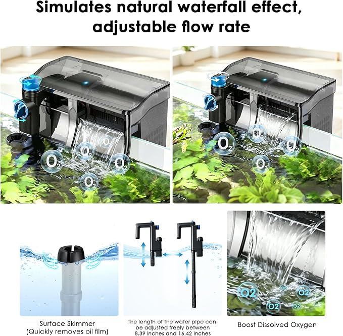Aquarium Filter 317GPH for 40-70 Gallon Fish Tank, Hang On Back U-V Light Surface Skimmer Sponge, 4-Stage Water Cleaner Freshwater Saltwater Green Killing Deodorization Machine Crystal Suspension