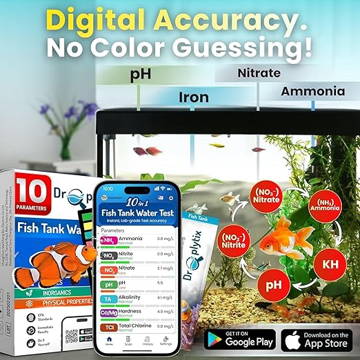 Digital Aquarium Water Test Kit, App-Enabled 10-in-1 Freshwater & Saltwater Aquarium Test Strips for Fish Tanks, Shrimp, Reef Test Strips, pH, Ammonia, Nitrate, Nitrite, GH, KH, Chlorine