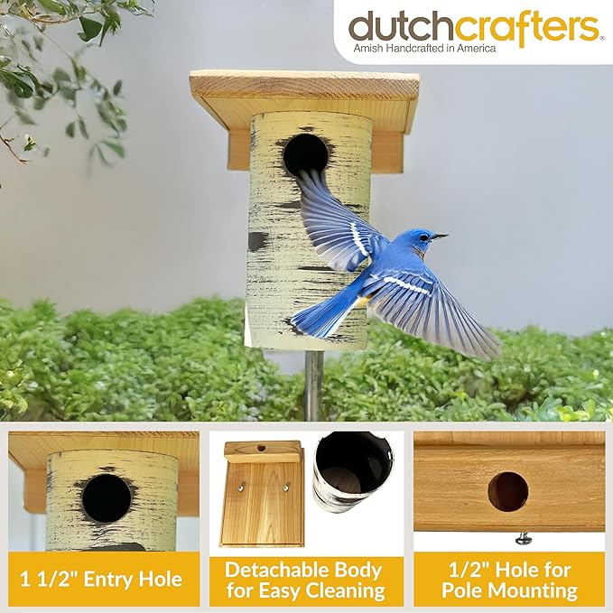 DutchCrafters Cedar Wood Pole Mount Gilbertson Bluebird House with Removable Base, Weatherproof Wooden Birdhouse Blue Bird Nesting Box for Outdoors