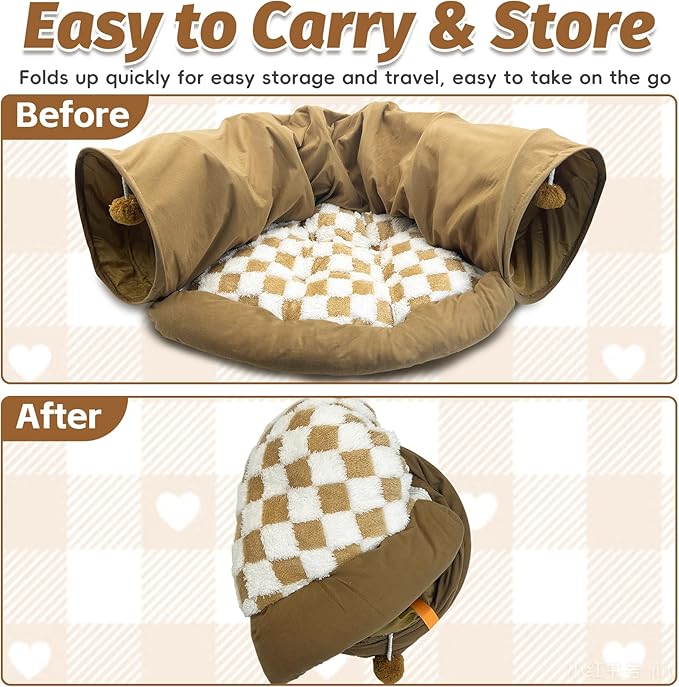 PINVNBY Bunny Tunnel Bed 2-in-1 Removable and Cozy Large Guinea Pig Hideout Tunnel Washable Small Animal Tunnels Tube Toys Guinea Pig Accessories for Rabbit Chinchilla Hedgehog Ferret (Khaki)