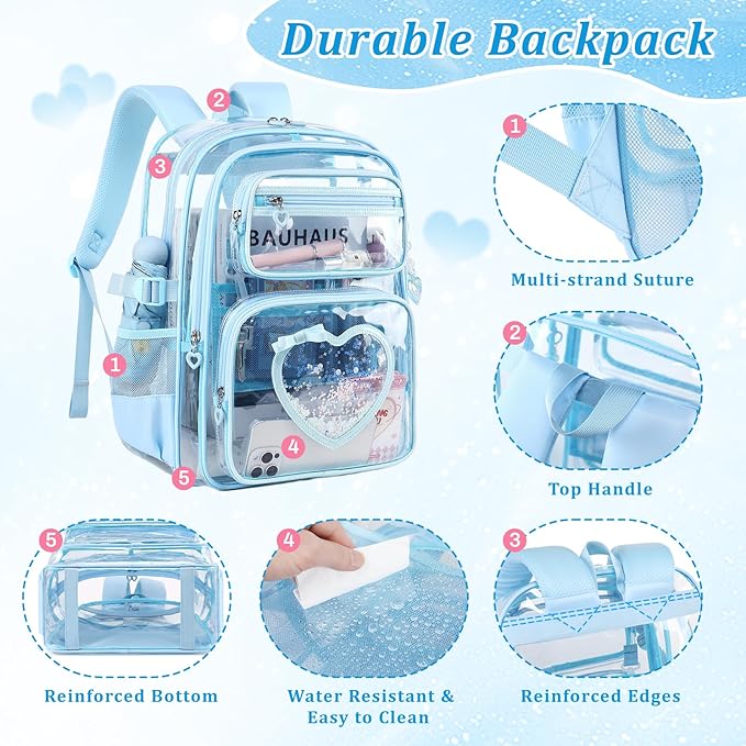 Clear Backpack for School Girls, Cute Heavy Duty PVC Transparent Bookbag, See-Through Bag for Stadium Event Blue