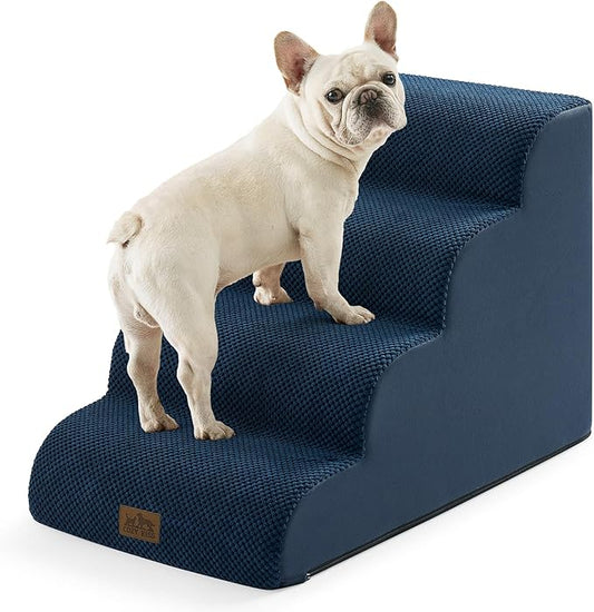 COZY KISS Wide Dog Stairs for Small Dog 19.7" H, Pet Step for Puppy, Older Cat, Curved Ramp for Bed, Durable Anti-Slip Ladder with High Density Foam, 4 Step, 17.7x28x19.7 inch, Navy Blue