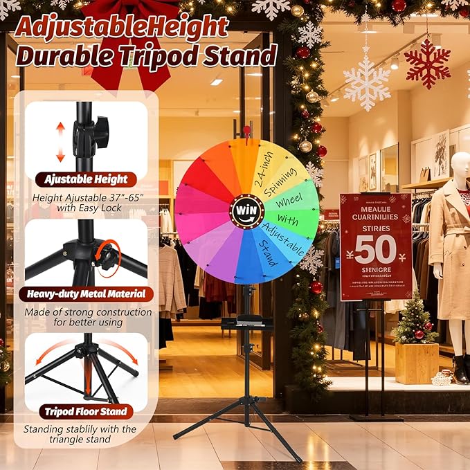 GADFISH 24-inch Spinning Prize Wheel, Ajustable 37"-65" Height Spin Doodle Game Spinner, Storable Prize Wheel Spinner with Stand, Wheel of Fortune Game, 14 Colors