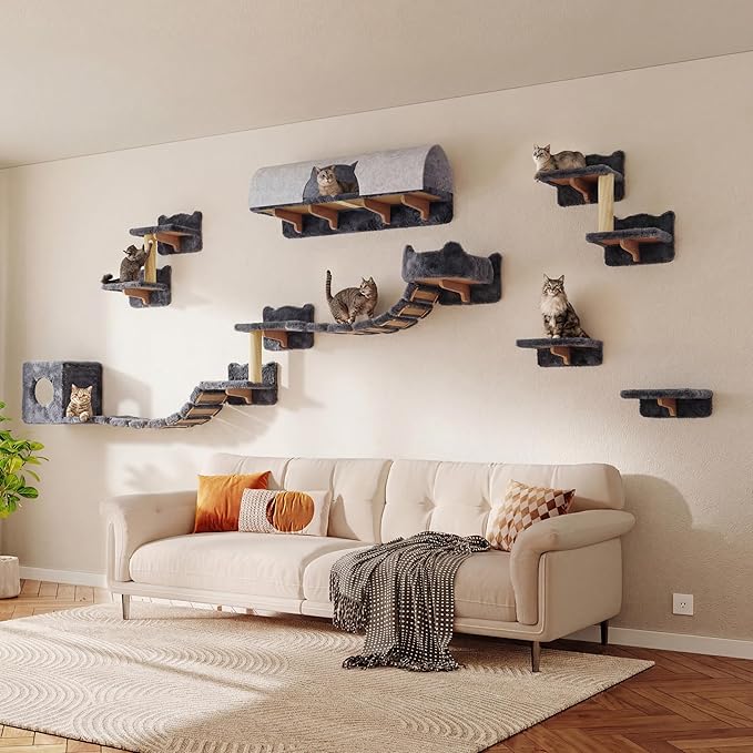 Cat Wall Shelves, Wall Mounted Cat Shelf Furniture with Plush Fabric(16 Piece Set), Cats Furniture with 40''L Tunnel, Condos, House, Steps, Bridge Ladder and Scratching Post, Grey