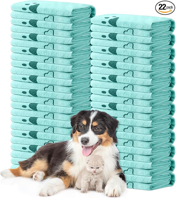 Tatuo 22 Pcs Dog Towels for Drying 20 x 40 Inch Pet Bath Towels Absorbent Microfiber Towel Quick Drying Puppy Bathing Supplies for Small Medium Large Dog Puppy Cat(Teal,Bone Pattern)