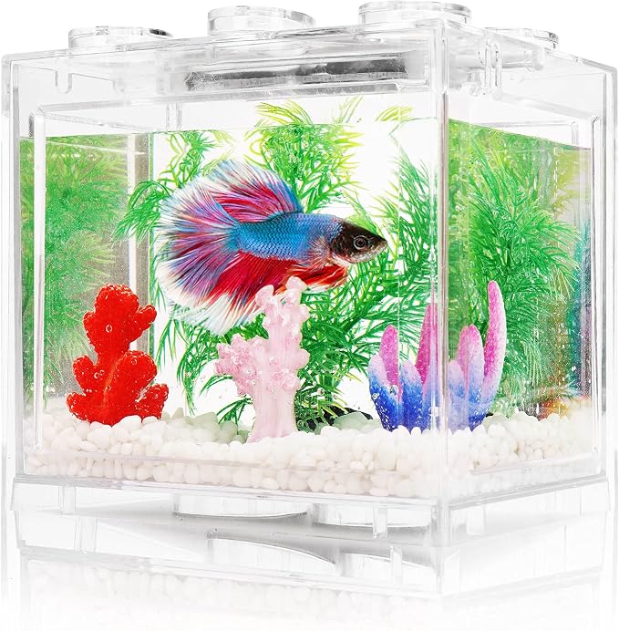 Oltraman Small Betta Fish Tank, Aquarium Tank Kit with LED Lighting, 0.6 Gallon Stackable Fighting Fish Tank Set, Fish Bowl Accessories for Turtle Reptile Shrimp Crab Insects as Decoration