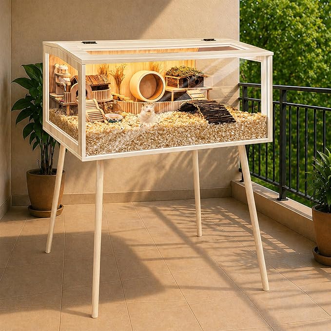 PROLEE Hamster Cage Wooden Chew Proof, Extra Large Mice and Rat Habitat Openable Top with Acrylic Sheets Solid Built Small Animal Cage with Leg Stands, 48 Inch Long