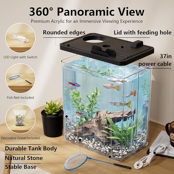 2 Gallon Betta Fish Tank Aquarium Starter Kit with Light and Lid(Black) | Premium Acrylic Aquarium with Light and Lid, Crystal Clear Starter Kit for Betta Fish, Shrimp, Snails and Small Fish