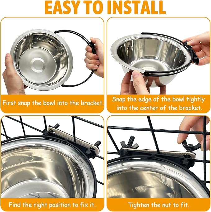 kathson Dog Kennel Bowls for Crates, 3 Pcs Stainless Steel Pet Food Water Bowls with Clamp Holder Hanging Metal Puppy Feeding Dish Cage Coop Cup for Cat Rabbit Ferret Bird (8.5 * 2.7in)