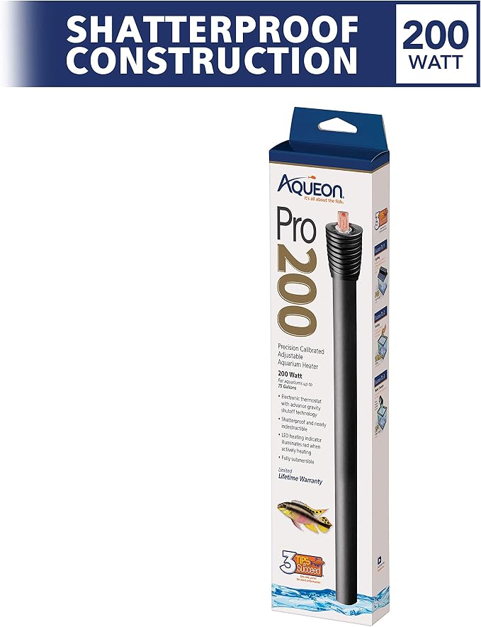 Aqueon Adjustable Pro Aquarium Heater, 200W | 200 watt aquarium heater, adjustable 68 to 88°F, auto shut-off, for fresh and saltwater aquariums