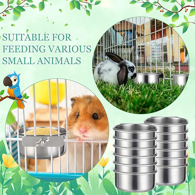 Ziliny 12 Pcs 10 oz Stainless Steel Bird Feeding Dish Cups Bird Feeder with Clamp Parrot Food Cups for Cage Pet Water Cage Bowls for Budgies Parakeet Cockatiel Small Animal